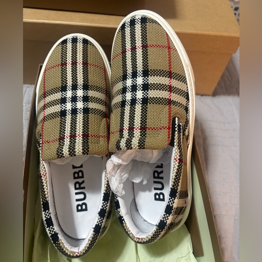 Burberry Beige and Black Check Slip-On Loafers - Picture 7 of 10